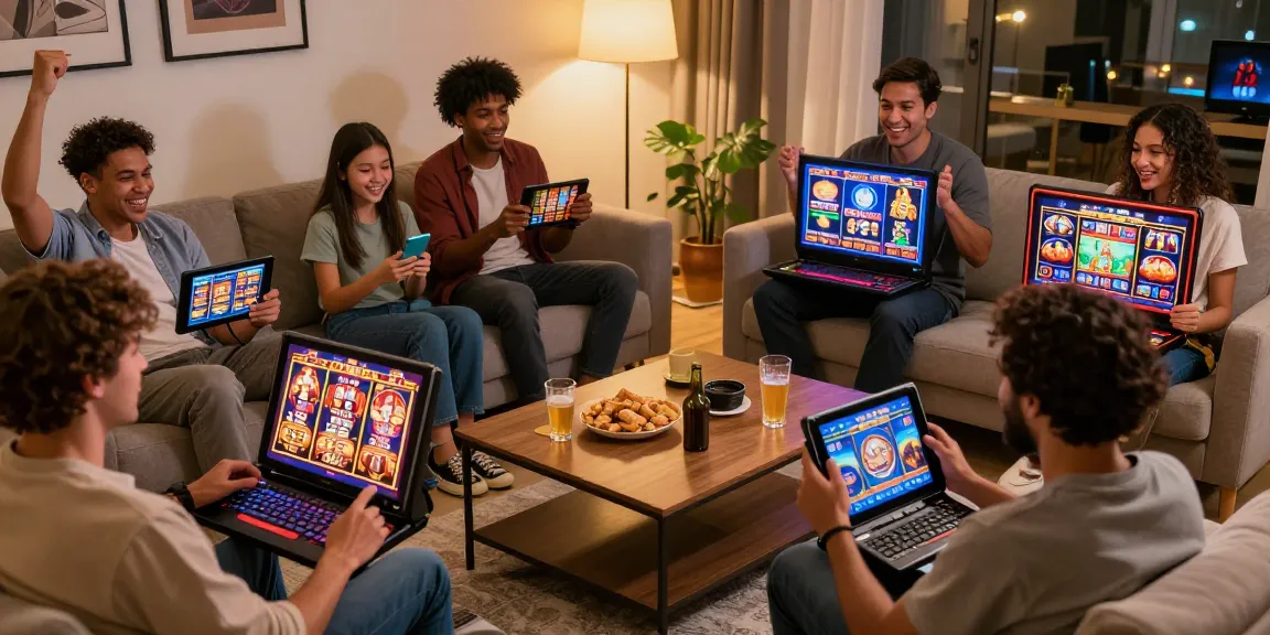 Group enjoying online slot games on tablets and smartphones in a cozy living room.
