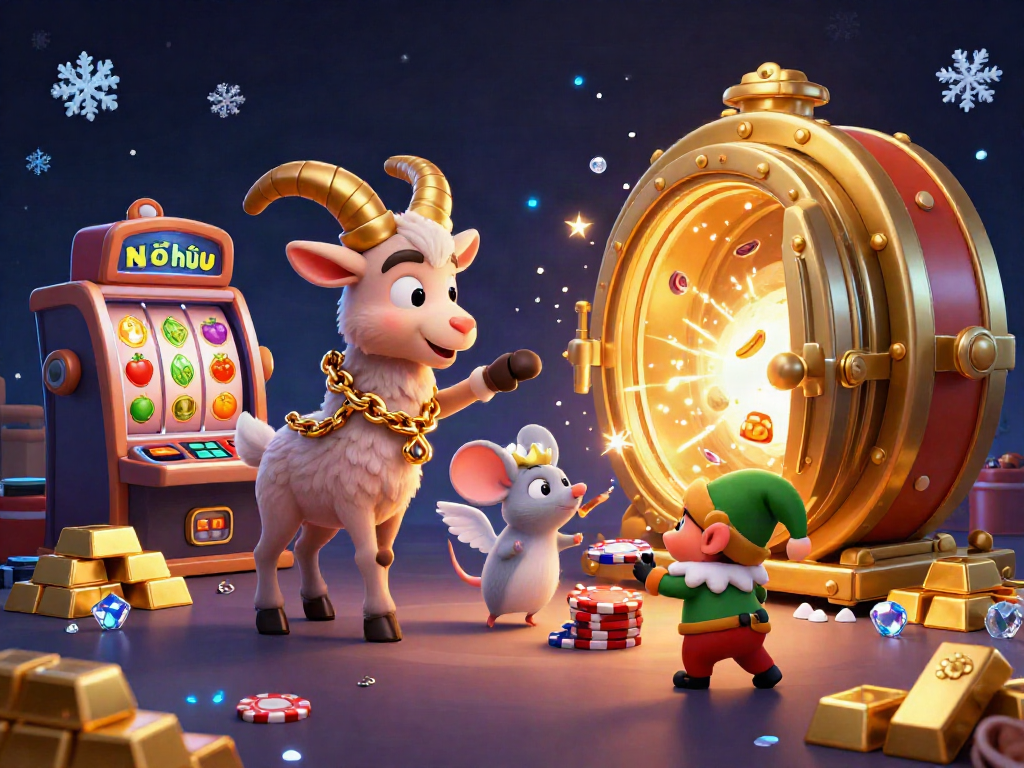 Nổ hũ slots depict a festive casino scene with cartoon Krampus and playful characters managing games.