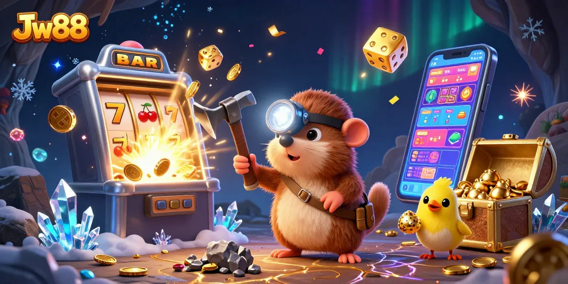 Join the excitement with Jw88 in this vibrant casino illustration featuring treasure, slot machines, and glowing gems.