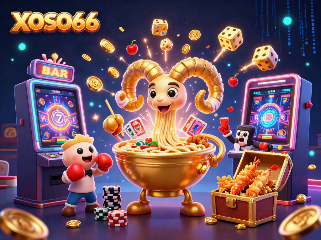 XOSO66 celebrates casino excitement with a vibrant scene featuring a giant ramen bowl and slot machine.