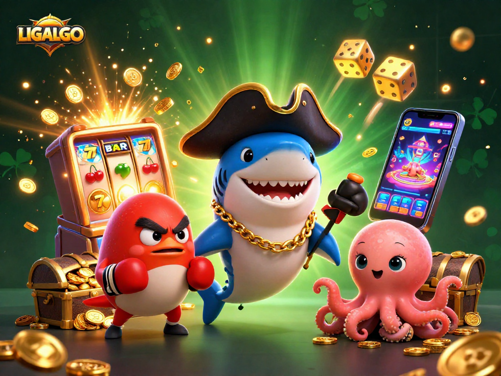 LIGALGO showcases a vibrant cartoon scene with a shark, pufferfish, and octopus amidst bustling casino elements.