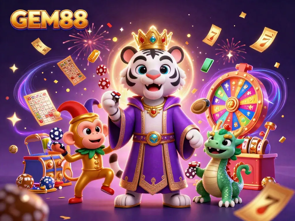Experience GEM88's vibrant online casino world with playful characters and jackpot symbols in a dazzling scene.