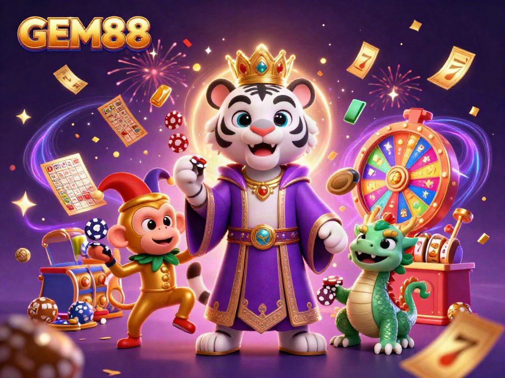Experience GEM88's vibrant online casino world with playful characters and jackpot symbols in a dazzling scene.