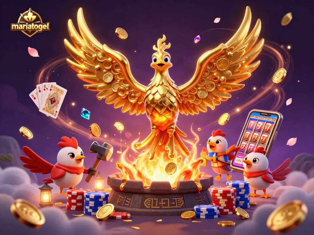 Experience the vibrant world of mariatogel with golden phoenix, coins, and casino elements.