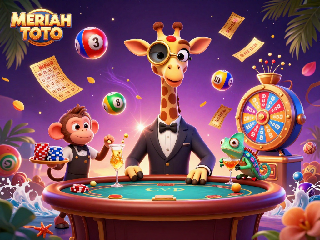 Meriah TOTO menampilkan jerapah tinggi berlevel VIP bermain poker di kasino cerah.