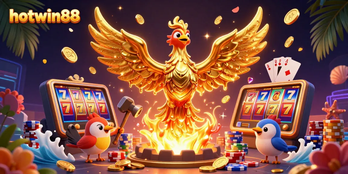 Mainkan slot gacor di HOTWIN88 dengan phoenix emas dan tumpukan koin berkilauan yang terbang.