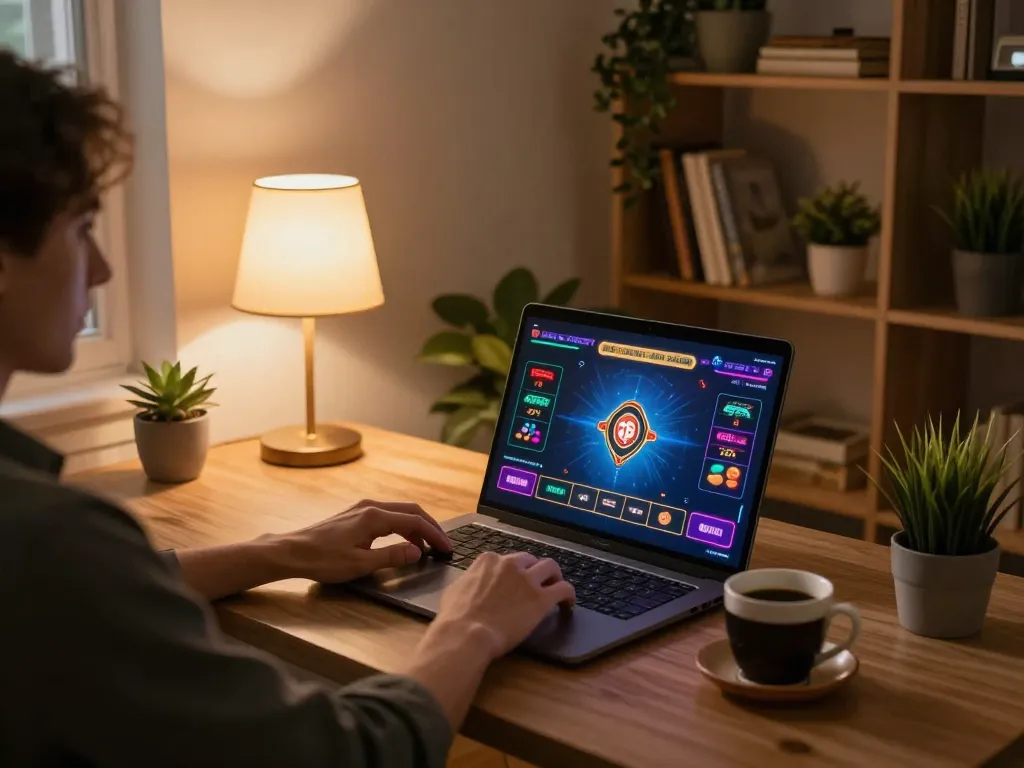 Nego77 player engaging in online casino gaming on a laptop in a cozy home office.