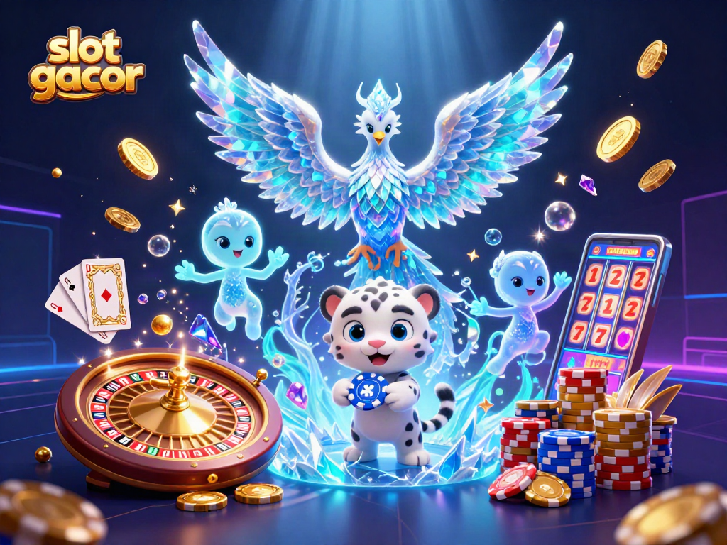 Menangkan jackpot slot gacor dengan ilustrasi 3D penuh warna yang menunjukkan berbagai elemen kasino menarik.