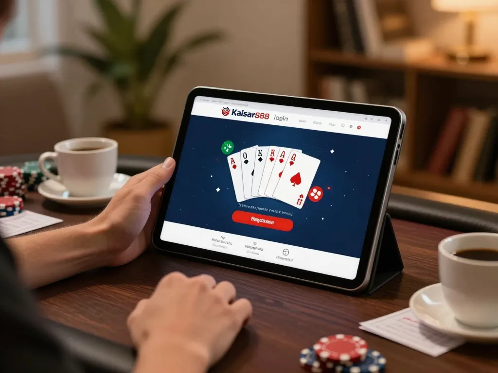 Engaging with kaisar888 login on a tablet during an online poker game, cozy home setting.