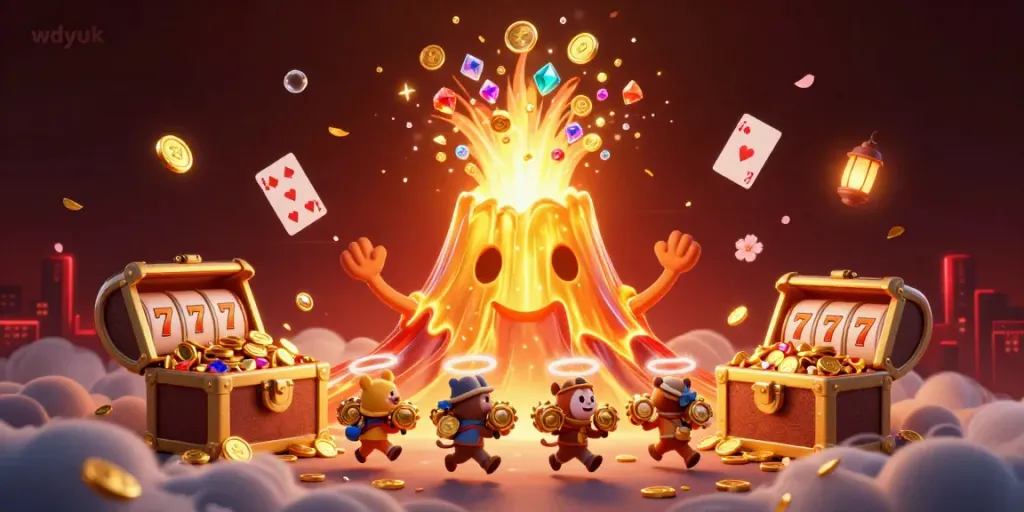 Experience epic wins with wdyuk's golden volcano erupting treasures in a thrilling casino scene.