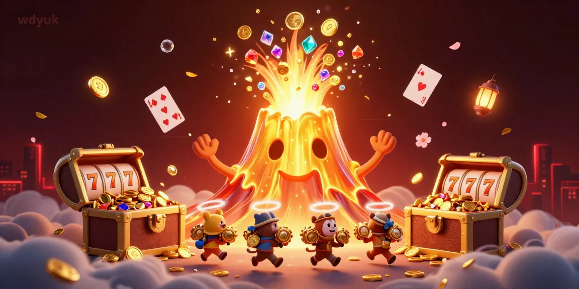 Experience epic wins with wdyuk's golden volcano erupting treasures in a thrilling casino scene.