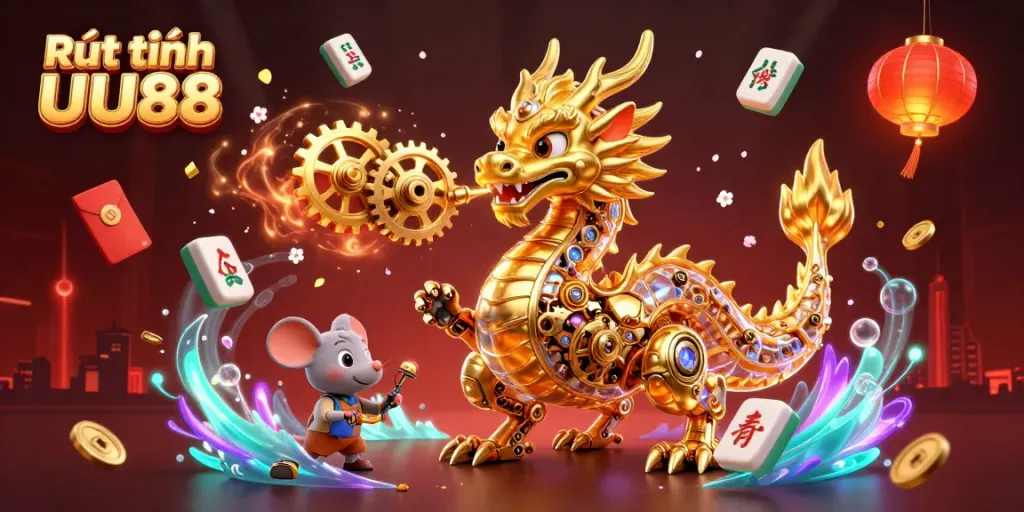 Experience the excitement of Rút tiền UU88 with a vibrant illustration of a golden dragon and engaging casino elements.