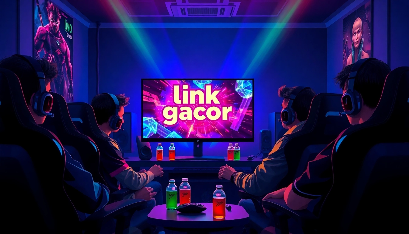 Engaged gamers experiencing link gacor in an electrifying gaming environment with vivid lighting.